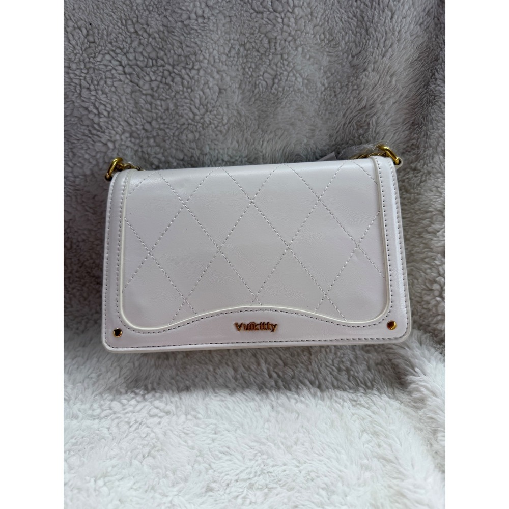 Vulkitty White Quilted Crossbody Bag Gold‎ Chain Strap Faux Leather Shoulder Bag